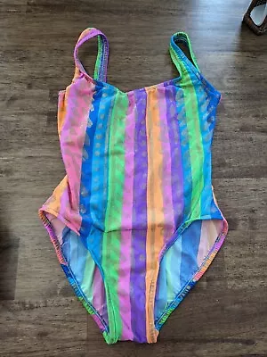 Vtg 90s Pro Spirt Neon Colorful Stripes W/ Gold High Cut One Piece Swimsuit Sz 9 • $21.99