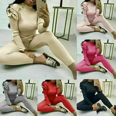 New Ladies Womens Fine Ribbed Frill Peplum Button Loungewear Suit Tracksuit Set • £21.99