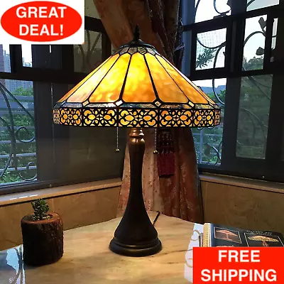 Tiffany Style Mission 2-Light Table Lamp Amber Brown Stained Glass Bronze Finish • $136.99