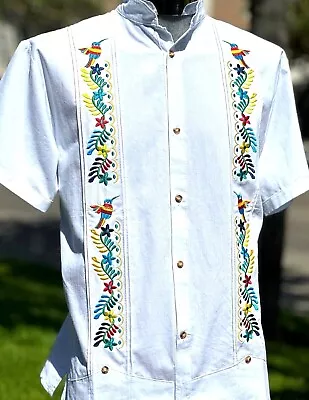 Men White Guayabera Humming Bird Embroidery Casual Shirt Cotton Wedding Made Mex • $54.95