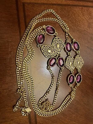 VTG Sarah Coventry Lavender N Lace 1975 Purple Bezel Set 54” Gold Tone Necklace • $6.50