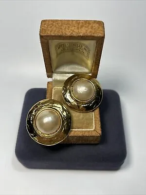 Vintage YSL Yves Saint Laurent Gold Tone Faux Pearl Textured Round Clip Earrings • £246.09