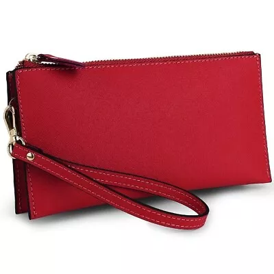 Genuine Leather Handbag Wristlet Clutch Bag 1110 Red • £15.99