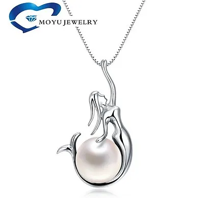 925 Sterling Silver Freshwater Pearl Mermaid Pendant 18  Chain Necklace Gift Box • $13.98