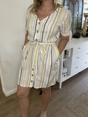 $12 • Buy JENNIFER & GRACE Size M ~ 10 12 Linen Look Stiped Button Up Cotton Dress
