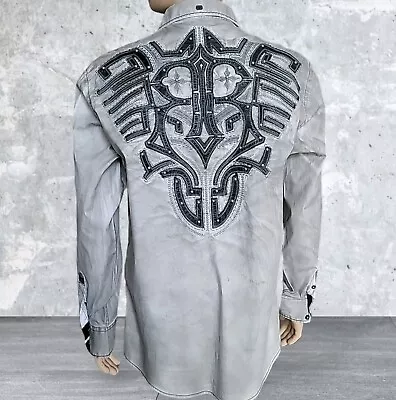 Roar Button-Up Shirt Men Large Gray Embroidered Studded Western Cowboy Biker • $29.90