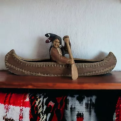 Vintage Hand Painted Native American Indian Man Paddling In Canoe 2pc 14  Decor • $39.99