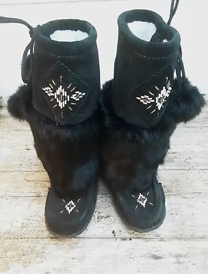 Women's Black'Laurentian Chief 'Suede & Real FUR Boots Size 6 Canadian-Suit 5 UK • £24