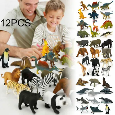 12x Kids Small Plastic Animal Figures Ocean Zoo Wild Animals Dinosaur Model Toys • £8.80