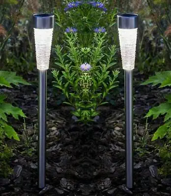 80cm Garden Solar Powered Lights Outdoor Post Pathway Stake Glass Torch White • £21.69