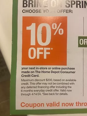 Home Depot Coupon 10% Off Coupon- In-Store Or Online  Exp 04/14/24 Fast Delivery • $17.50