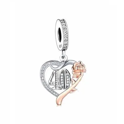 $29.99 • Buy S925 Silver & Rose Gold Sparkling 40th Birthday & Rose Charm By Unique Designs