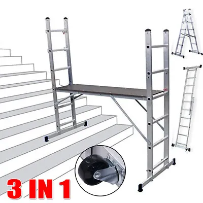 Aluminium Scaffold Ladder 3 In 1 Multipurpose 12 Tread W/Wheels Work Platform • £121.97