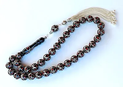Original Erzurum Oltu  1000K Silver Inlay Prayer Beads Misbaha تسبيح Masbaha • $247.71