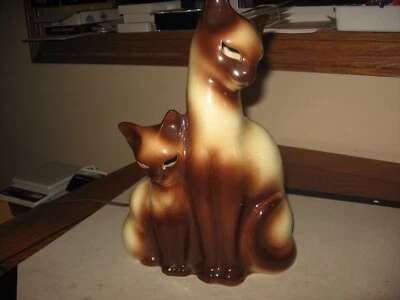 $29 • Buy Vintage Circa 1950s-60s Kron Siamese Cat & Kitten Table TV Lamp Green Eyes