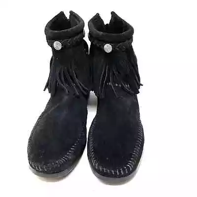 Minnetonka Size 8 Black Suede Hard Soled Black Zip Fringed Moccasin Booties • $25.99