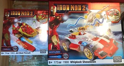 NIB 2 Mega Bloks Iron Man 2 Sets 1980 Whiplash Showdown & 1955 Jet-Boat Pursuit  • $25