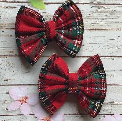 PACK 2 MINI TARTAN CHECK FABRIC 5cm BOW HAIR CLIP SLIDE METAL GRIP GIRL SCHOOL • £4.49