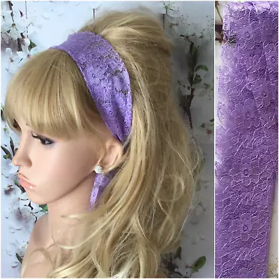 LAVENDER LILAC FLORAL LACE FABRIC HEADBAND HAIR SCARF SELF TIE BOW 80s 60s RETRO • £4.49