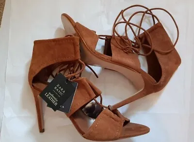 Zara Basic Collection Tan Brown Suede Lace Up Sandals High Heels  Uk 8 Eur 41 • £40