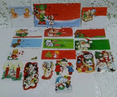 $16.95 • Buy 18 Vintage Christmas Gift Tags Seals Santa Kittens Snowman Dogs Kitten Deer