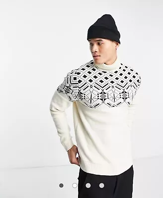 Only & Sons Roll Neck (polo / Turtle Neck) Jacquard Knit Jumper In Cream White • £24.99