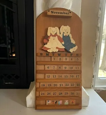 Wooden Perpetual Wall Calendar Cottage Country TN Bunnies Vintage 24  Tall • $45.98