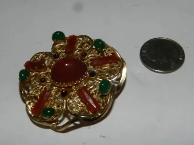 *RARE* Vintage West Germany? Green & Coral /Cabochon/Mogul Filigree Brooch • $39.99