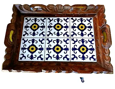Vtg MEXICAN Boho Style TILE And CARVED WOOD Decorative Platter BAR TRAY 1960's • $40.80