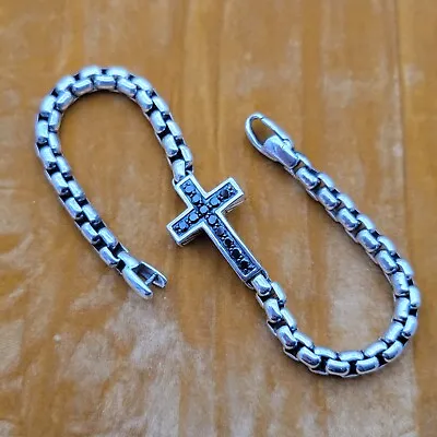 David Yurman Sterling Silver & Black Diamond Cross 5'mm Box Chain 8inch Bracelet • $397