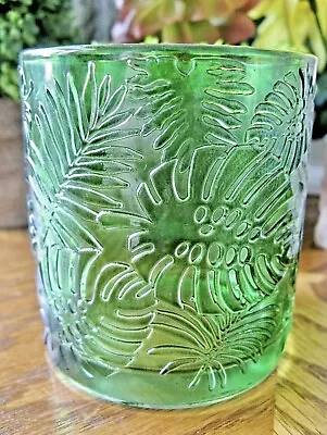 New Green Tropical Oasis Palm Leaves Glass Tea Light Votive Candle Holder • $12.99