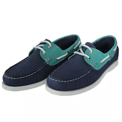 Womens Yachtsman Navy/Green  Leather Lace-up Deck Shoes Flat • £10