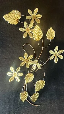 Vintage MCM Wall Hanging Flowers Gold Color Art Sculptures 16” • $15.99