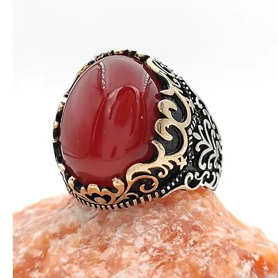 Handmade Genuine Natural Red Agate Aqeeq Vintage 925 Sterling Silver Men Ring • £64.15