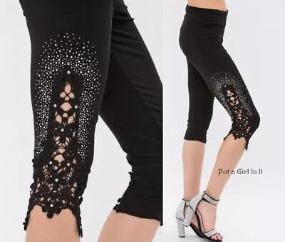 New VOCAL Womens CRYSTAL BLING SOFT BLACK LACE CAPRI LEGGINGS S M L XL 1X 2X 3X • $39.85