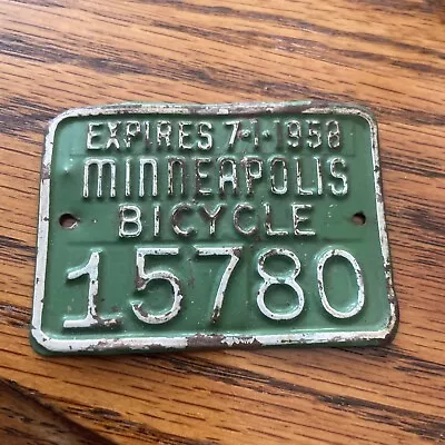 VINTAGE BICYCLE 1957 1958 MINNEAPOLIS Minnesota LICENSE PLATE ORIGINAL 15780 • $19.95