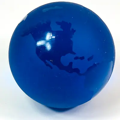 World Globe Paperweight  Frost Etched Blue Art Glass Vintage  2 1/2 Inches Round • $16.10