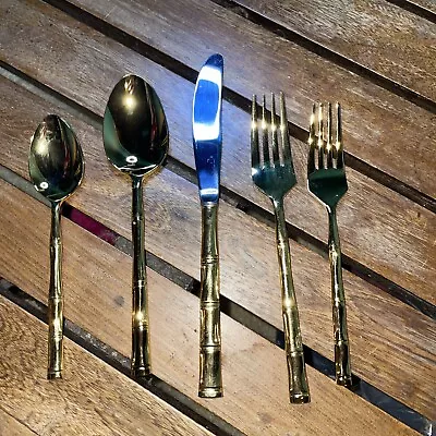 Flatware Set Gold Tone Set With Bamboo Pattern Mirror Polished 5 Piece Japan • $20