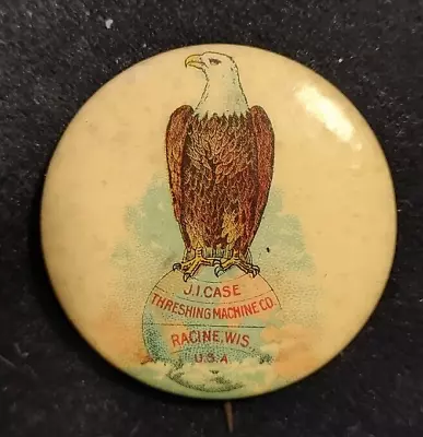 Old Advertising Pinback Celluloid JI Case Threshing Machine Racine EAGLE GLOBE • $32.25