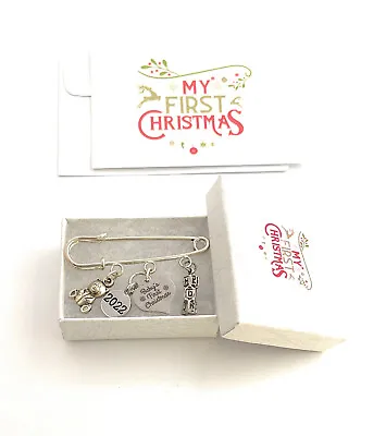 Baby's First Christmas 2022 Nappy Pin With Baby Letter Blocks & Teddy Bear Charm • £6.75
