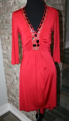 Long Tall Sally Womens Dark Red Stretchy Embellished Neckline Dress SZ XS • $27.99