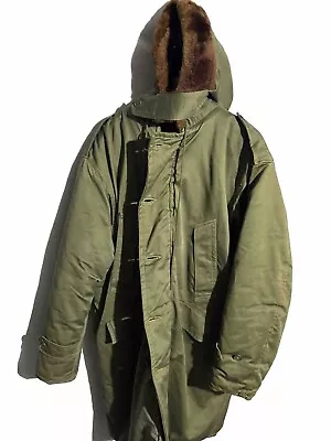 Vintage B-9 Parka Sz XL Military Wool Filled 50s Zip Button Fur Hood Green EUC • $149.95