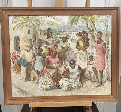 Mid Century Painting Of Jamaican Men & Women At The Flower Market. • £50
