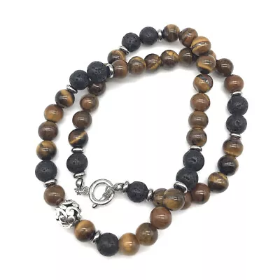 Men's 8mm Natural Tiger Eye Lava Bead Necklace Stainless Steel Toggle 18/20/24 S • $10.19