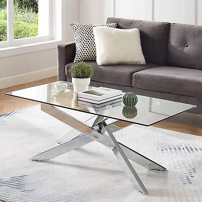 Rectangle Modern Coffee Table Tempered Glass Top And Metal Tubular Leg Silver • $137.99