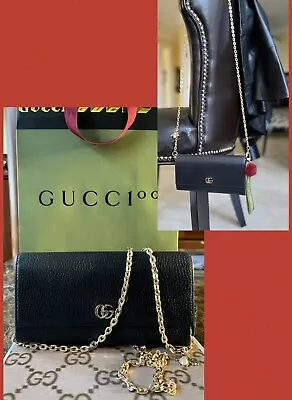 Gucci GG Marmont Leather Continental Wallet Clutch Flap Bag Black W/ Charm WOC • $429.99