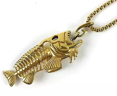 Fish Skeleton Pendant Men's Fashion Necklace Gold Tone 15in Long • $12.95