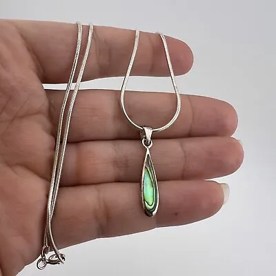 STERLING SILVER 925 Pendant On Chain Necklace Green Blue Abalone Shell 39cm • £19.99