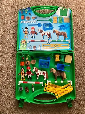 Playmobil Set 5893 Farm Pony Horse Jockeys Jumps & Green Carry Case Complete Set • £12.99