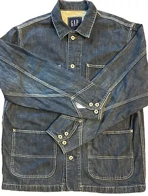 Gap Denim Chore Jacket Dark Wash Lined Size MD Western Style Triple Stitch Vtg • $58